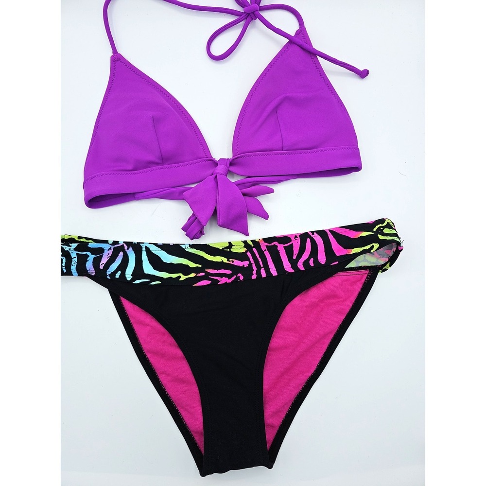 Beach Club Society Bikini Set Women's M Purple Pink Zebra Print Removable Cups